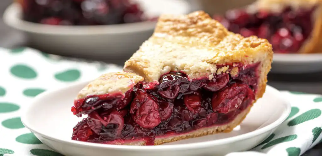 Piece of homemade cherry pie on a white plate close-up. Selective focus, dark background.